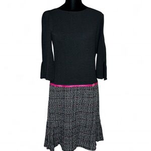 Elegant Black & White Tweed Midi Dress 6 W/Pink Belt Long Sleeves & Side Zipper
